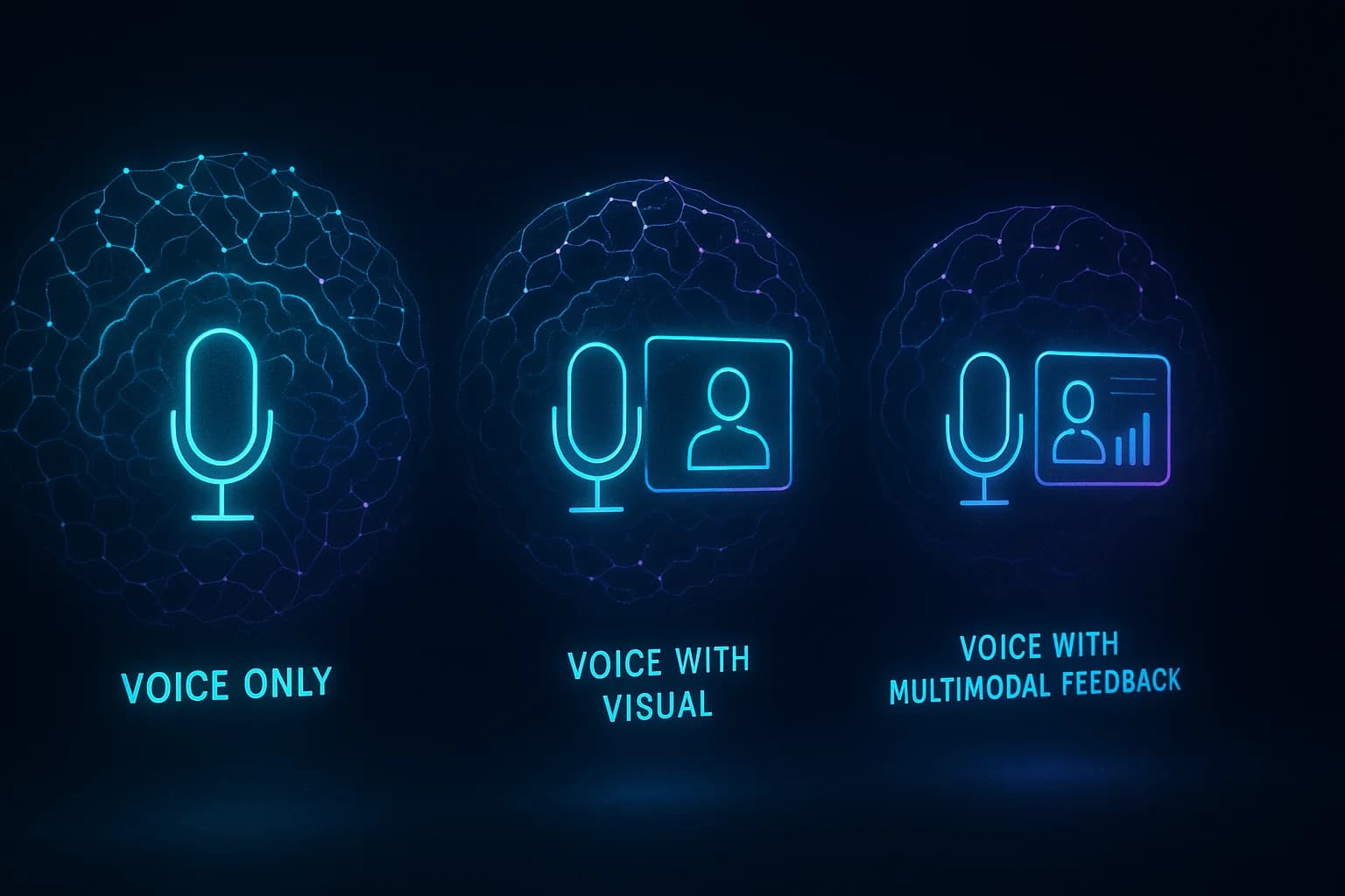 A comparison showing three interaction modes for the same AI capability: open-ended chat (highest cognitive load), guided prompts (medium), and structured form (lowest), demonstrating how accessibility-first AI design provides multiple paths