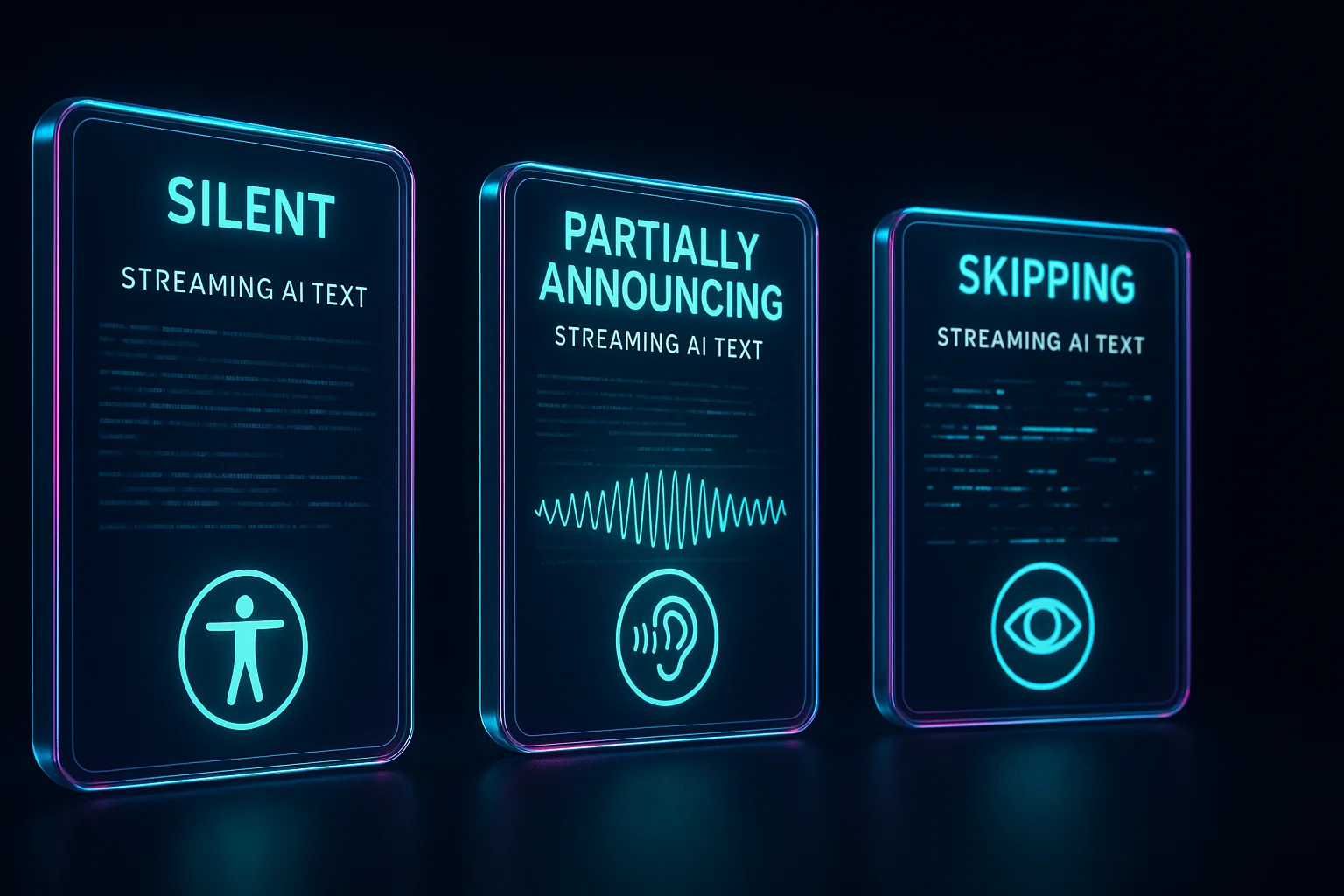 Diagram showing three different screen reader behaviors when encountering streaming AI text: fragmented reading, silent waiting, and aria-live flooding, each creating a different but equally problematic experience