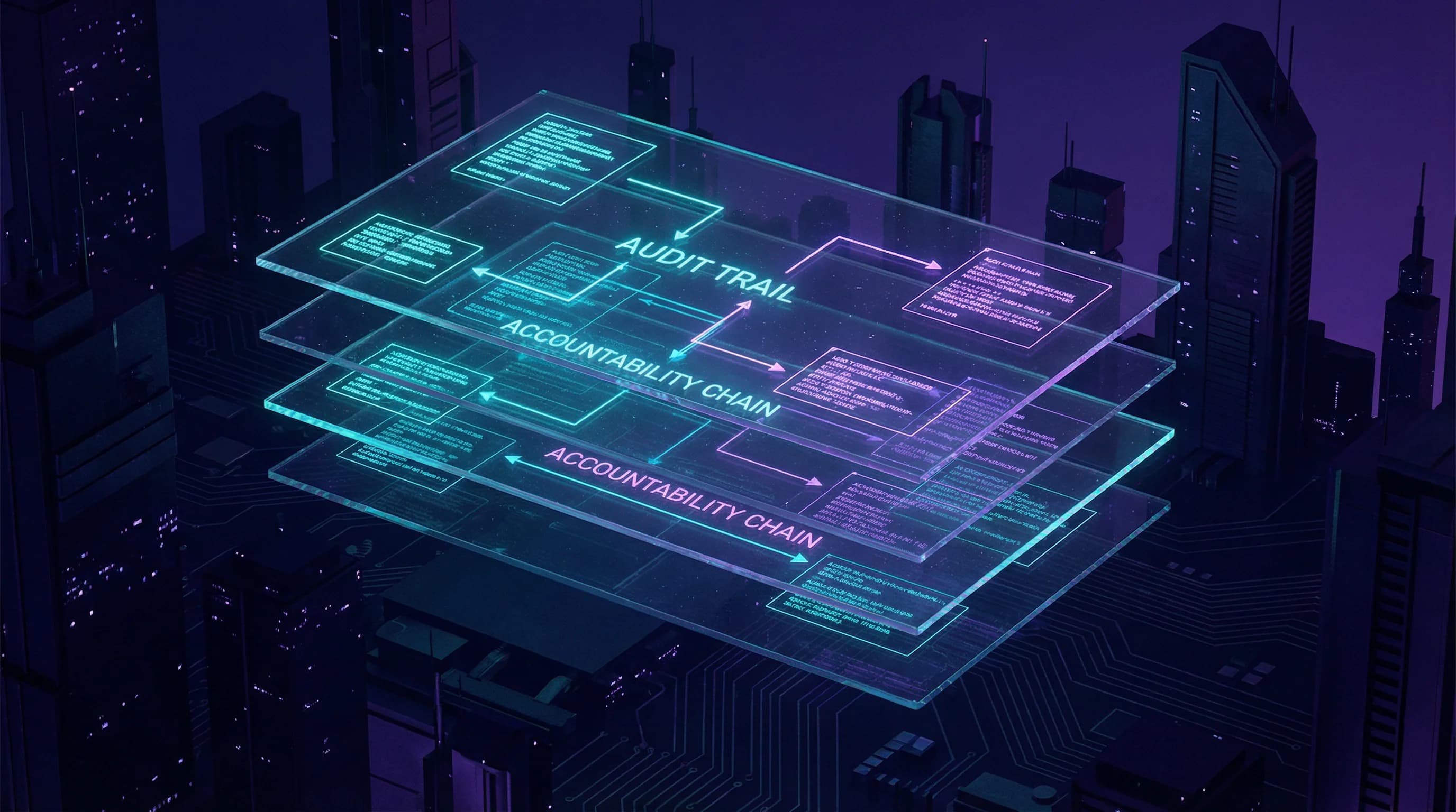 An audit trail visualization showing layered action logs with reasoning chains, confirmation tiers, and attribution metadata for agent-initiated actions
