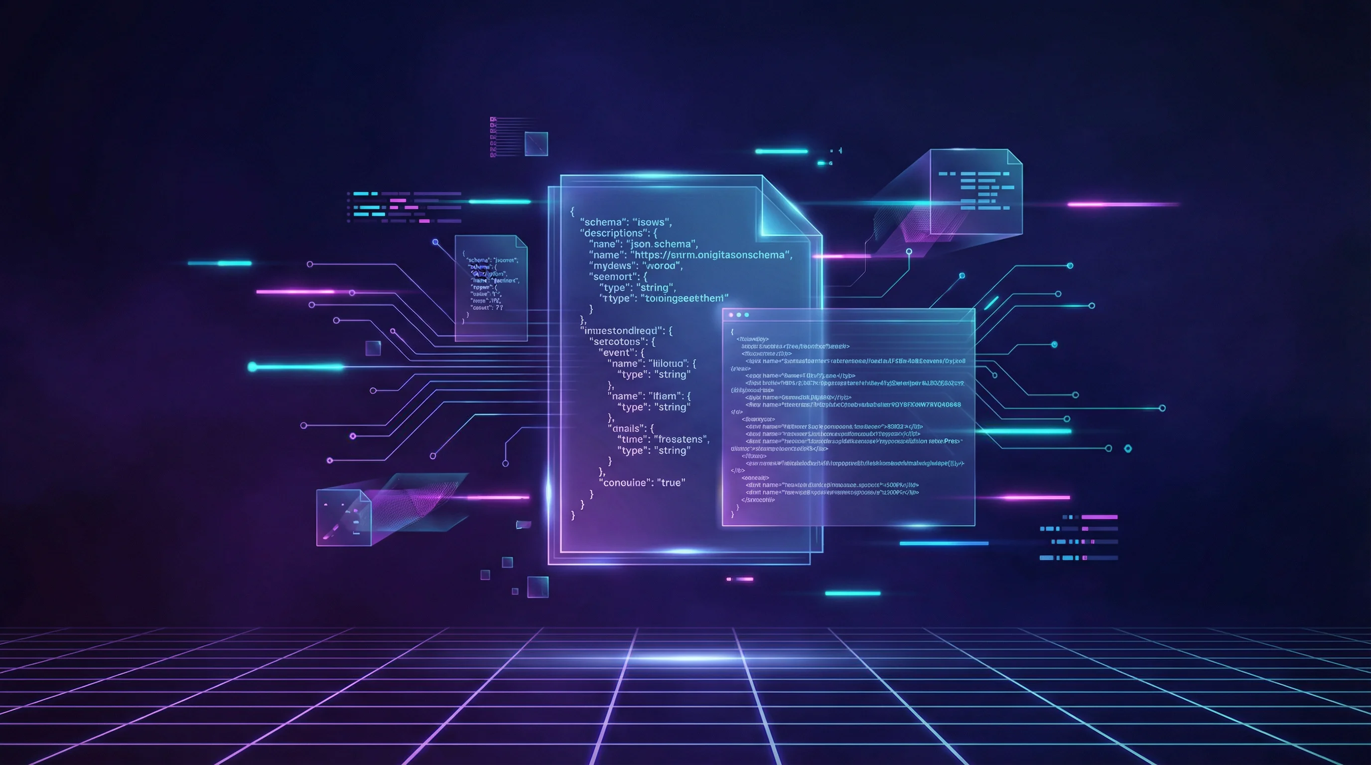 A machine-readable agent manifest schema showing structured sections for domain purpose, available actions, authentication model, data types, and constraints