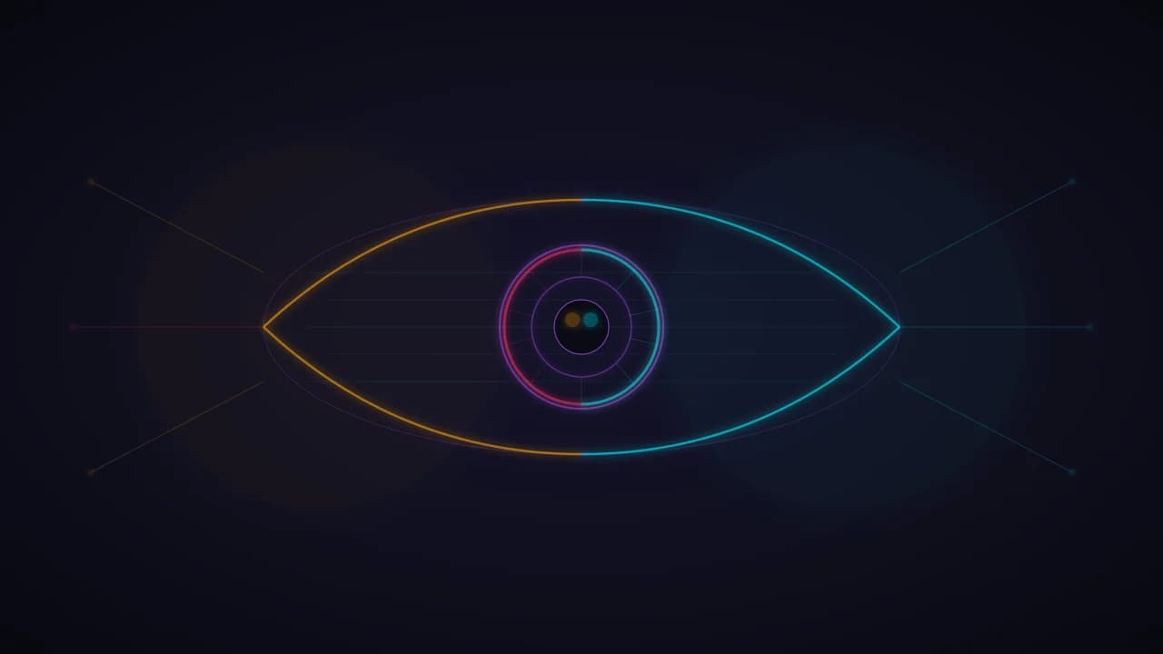 A stylized digital eye gradually transitioning from a warm, helpful glow to a cold surveillance lens, representing the shift from delightful personalization to invasive tracking